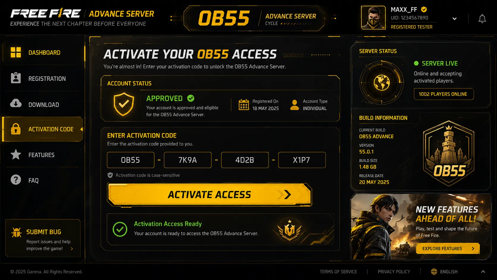 Entering the activation code to unlock OB55 access