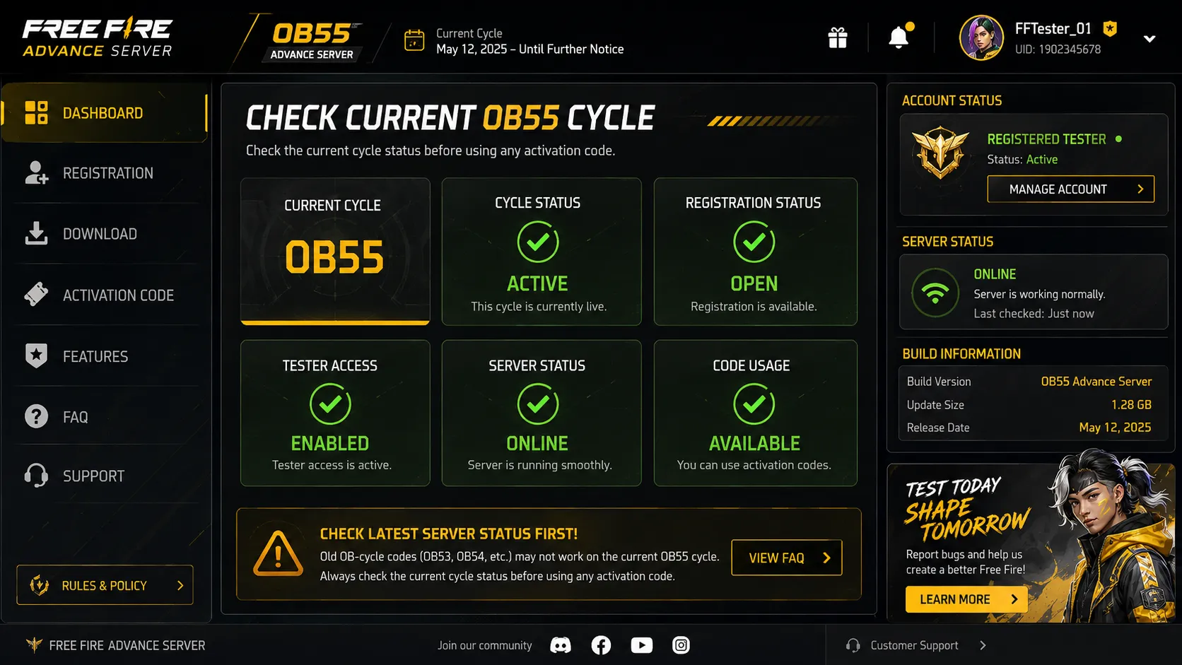 Checking the current Free Fire Advance Server OB55 cycle status