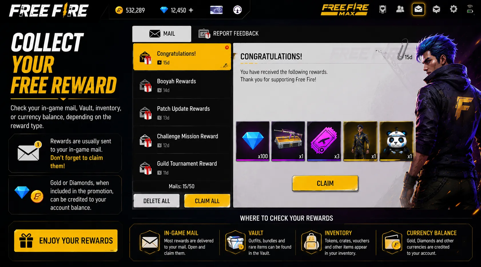 Collecting the reward from in-game mail or Vault
