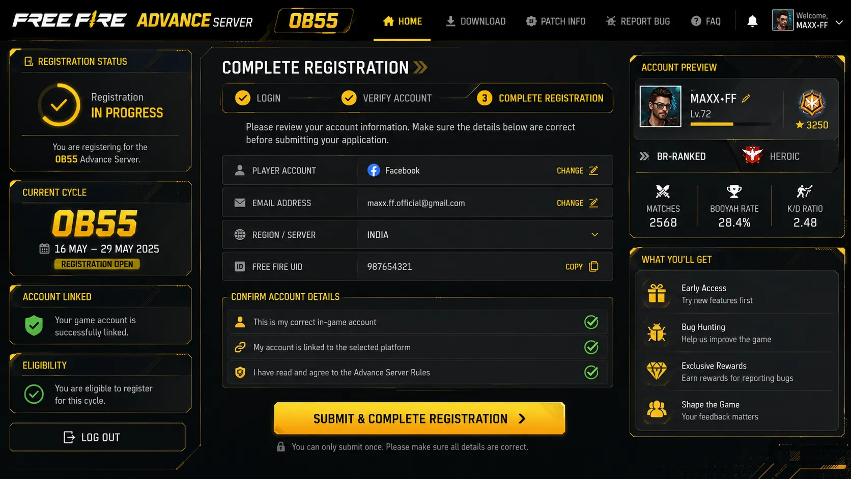 Completing the OB55 Advance Server registration form