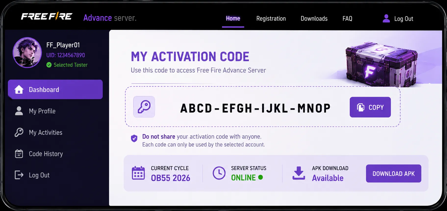 Copying the assigned OB55 activation code