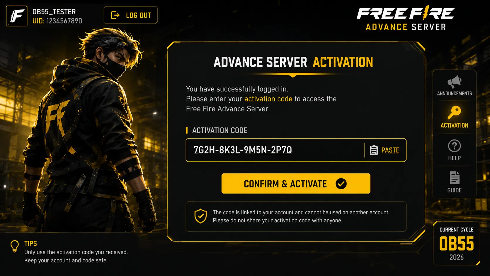 Entering the OB55 activation code in the client