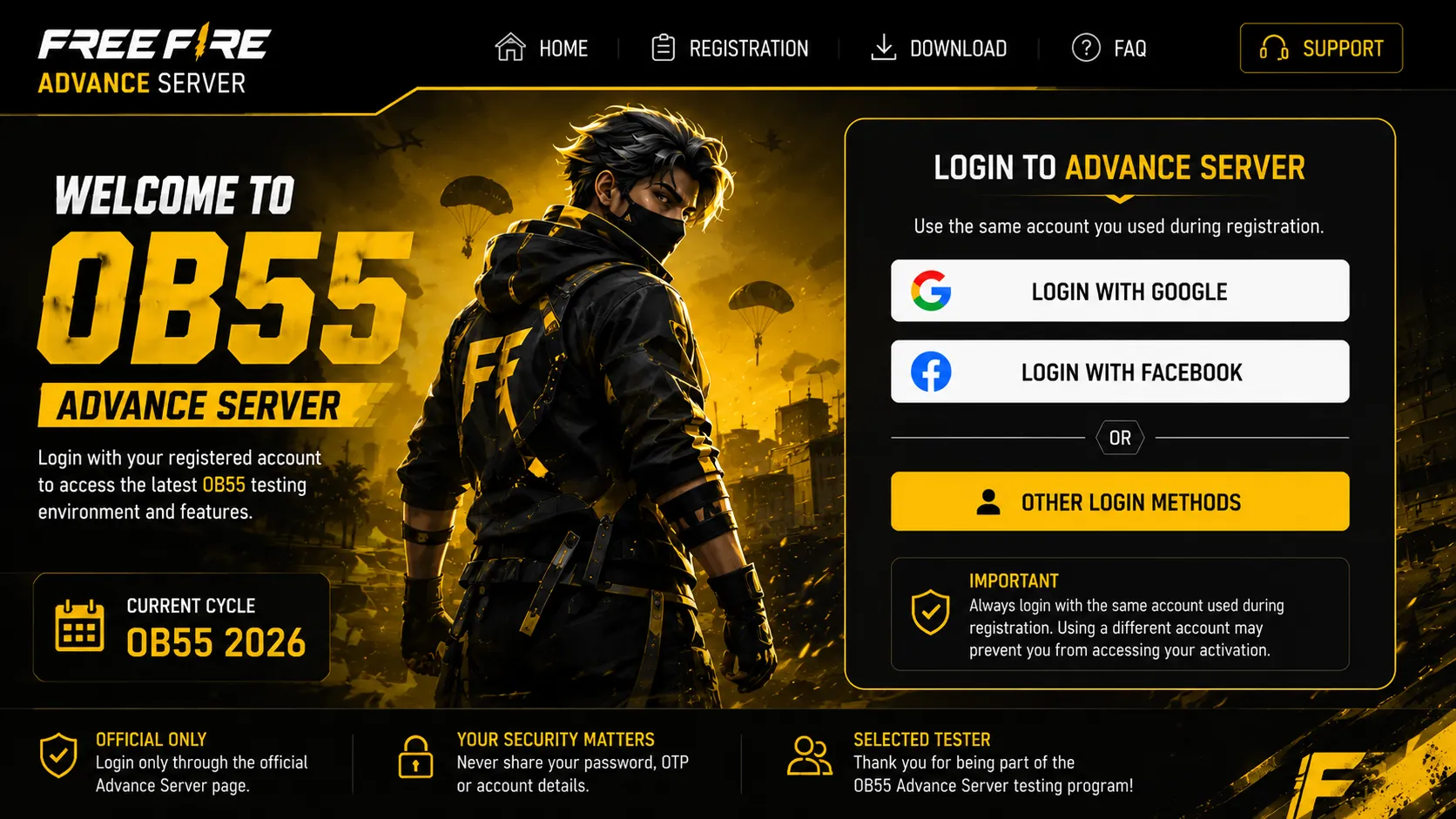 Logging in with the registered Free Fire account