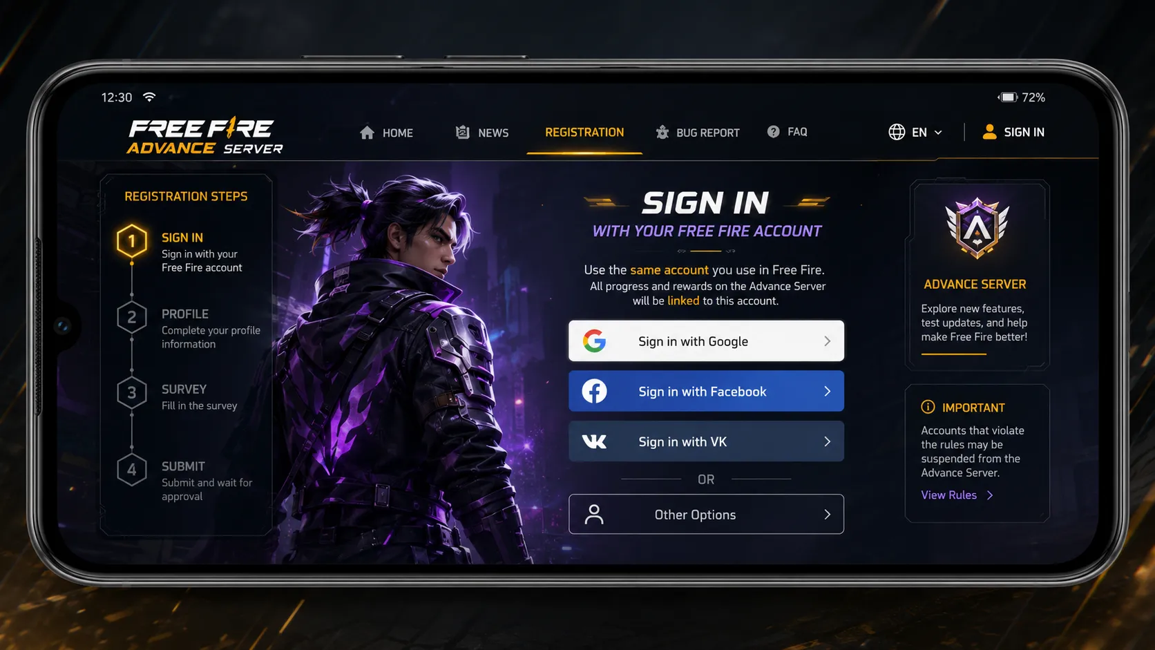 Signing in with a supported Free Fire account