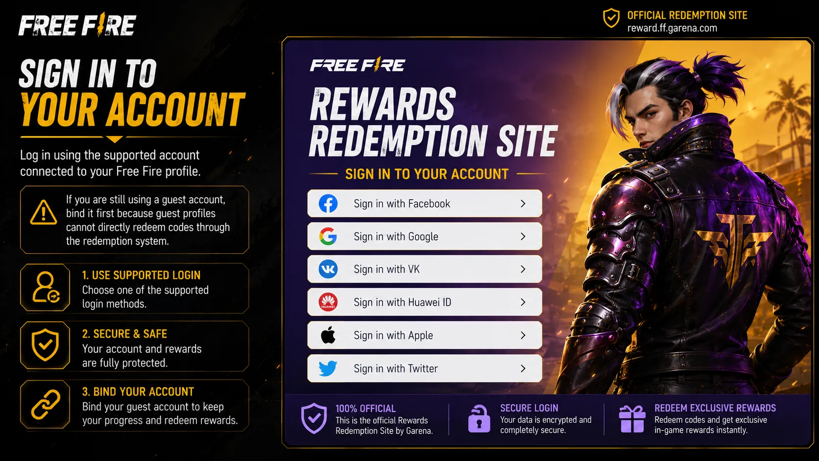 Signing in to the redemption site with a linked Free Fire account