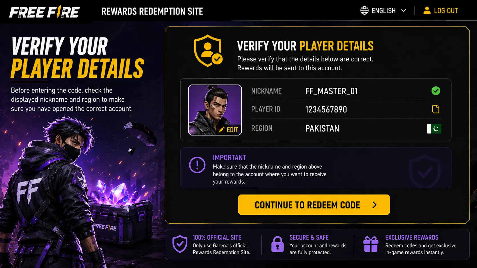 Verifying player nickname and region before redemption
