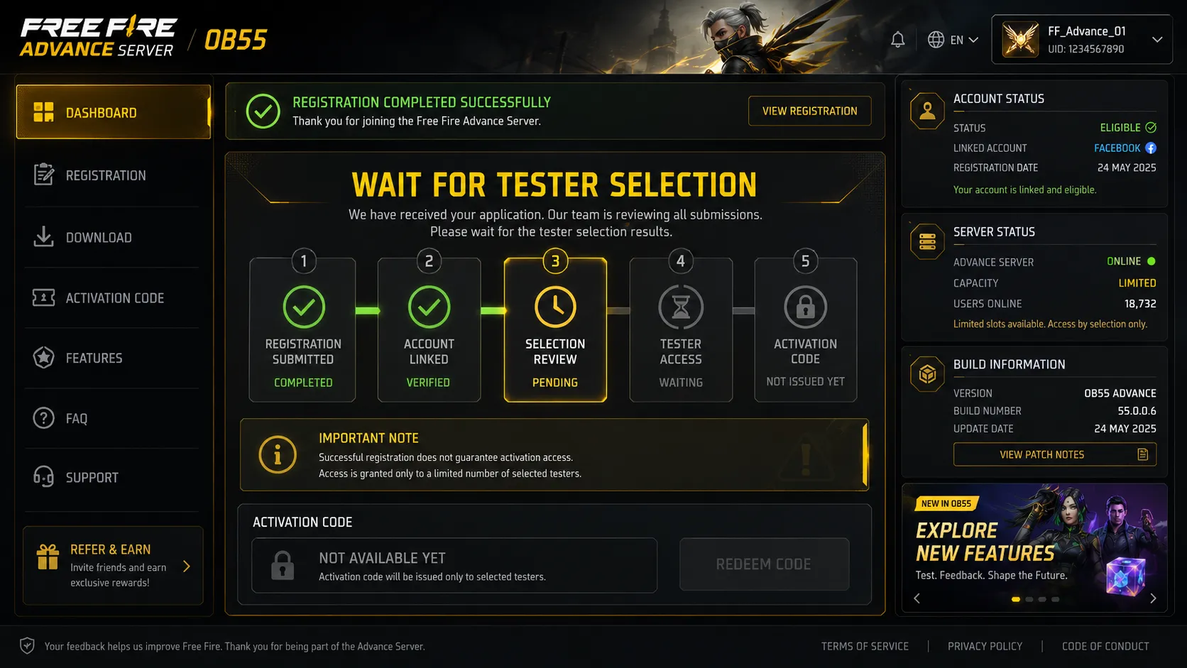 Waiting for Garena tester selection after registration